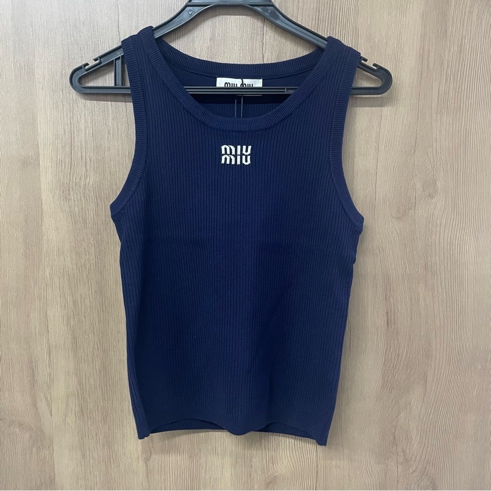 Miu Miu Navy Ribbed Tank with White Logo